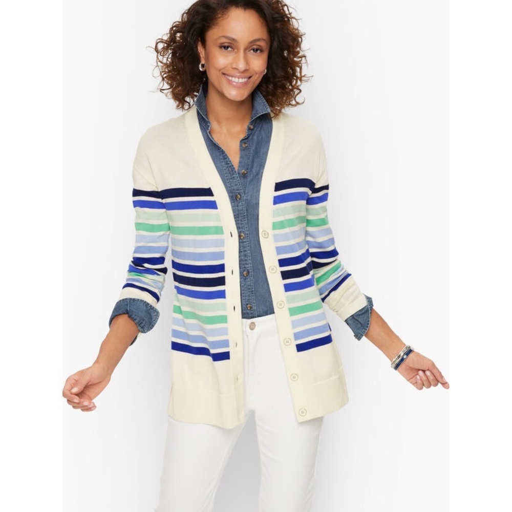 Talbots Striped Cardigan in Cream, Blue, and Green